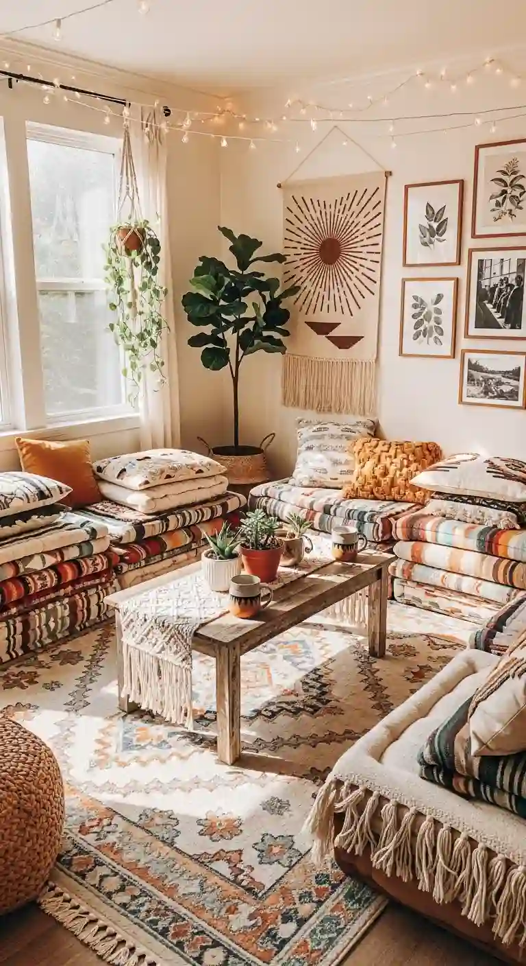 23 Comfy Boho Living Room Floor Seating Ideas for a Relaxed Space 18 16. Layered Blanket Seating