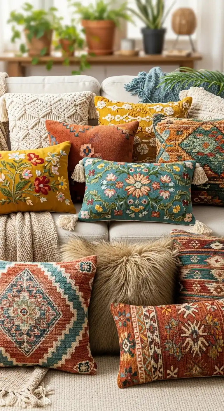 21 Cozy & Stylish Boho Living Room Pillows to Elevate Your Space 17 16. Mix Fabrics for Comfort