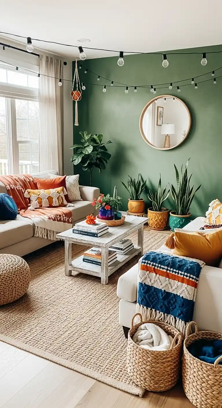 19 Stunning Boho Living Room Green Accent Wall Inspirations 18 16. Style with Neutral Sofas and Colorful Accents