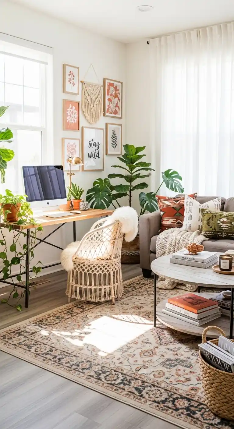 19 Stylish Boho Living Room Office Combo Setups 17 16. Sunlit Window Work Area