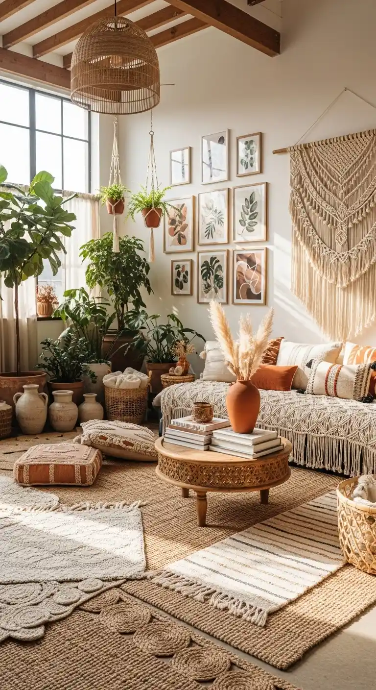 21 Creative Boho Living Room High Ceiling Ideas to Elevate Your Space 17 16. Use Natural Fiber Rugs to Soften the Space