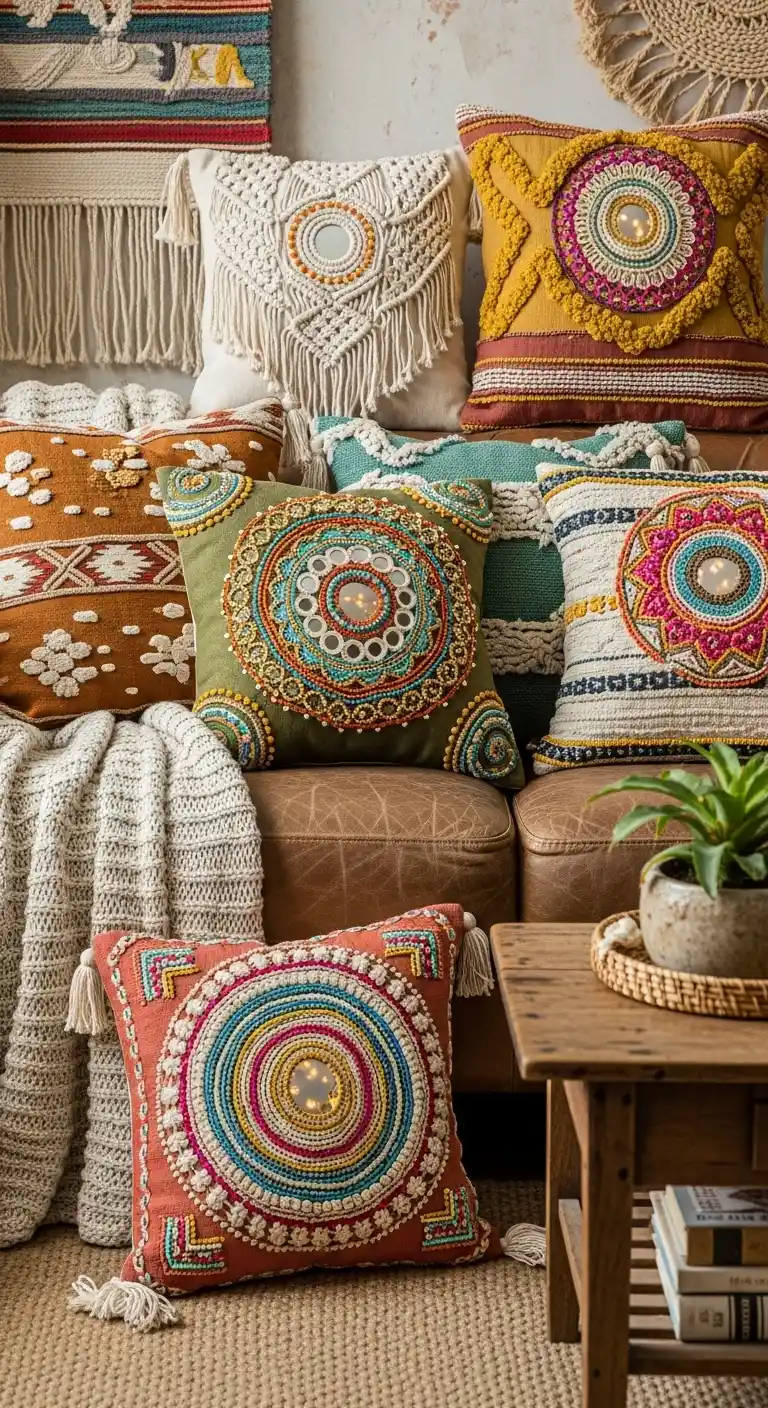 21 Cozy & Stylish Boho Living Room Pillows to Elevate Your Space 18 17. Add Beaded or Mirror Work Pillows