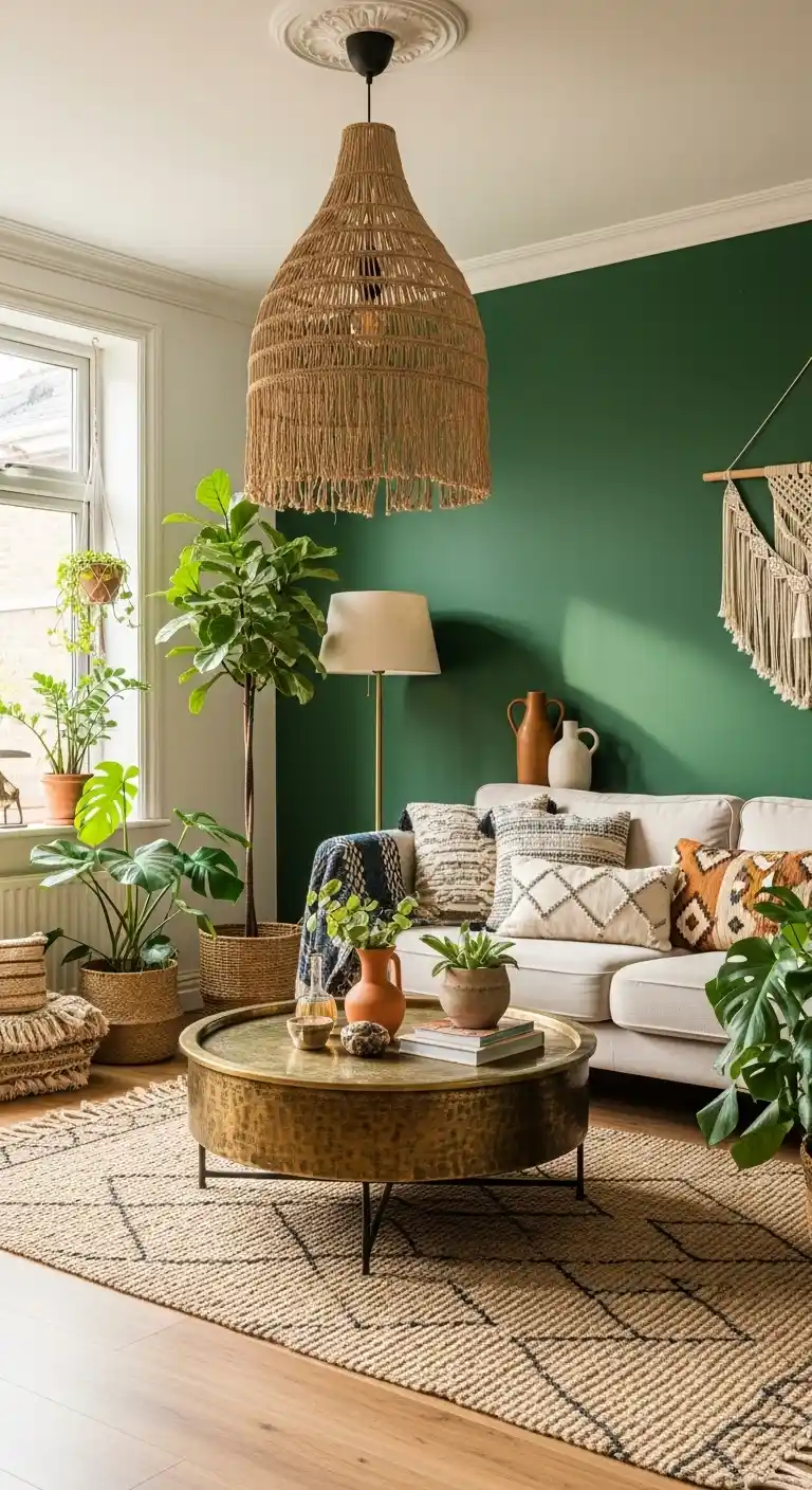 19 Stunning Boho Living Room Green Accent Wall Inspirations 19 17. Bring in Brass and Woven Lighting