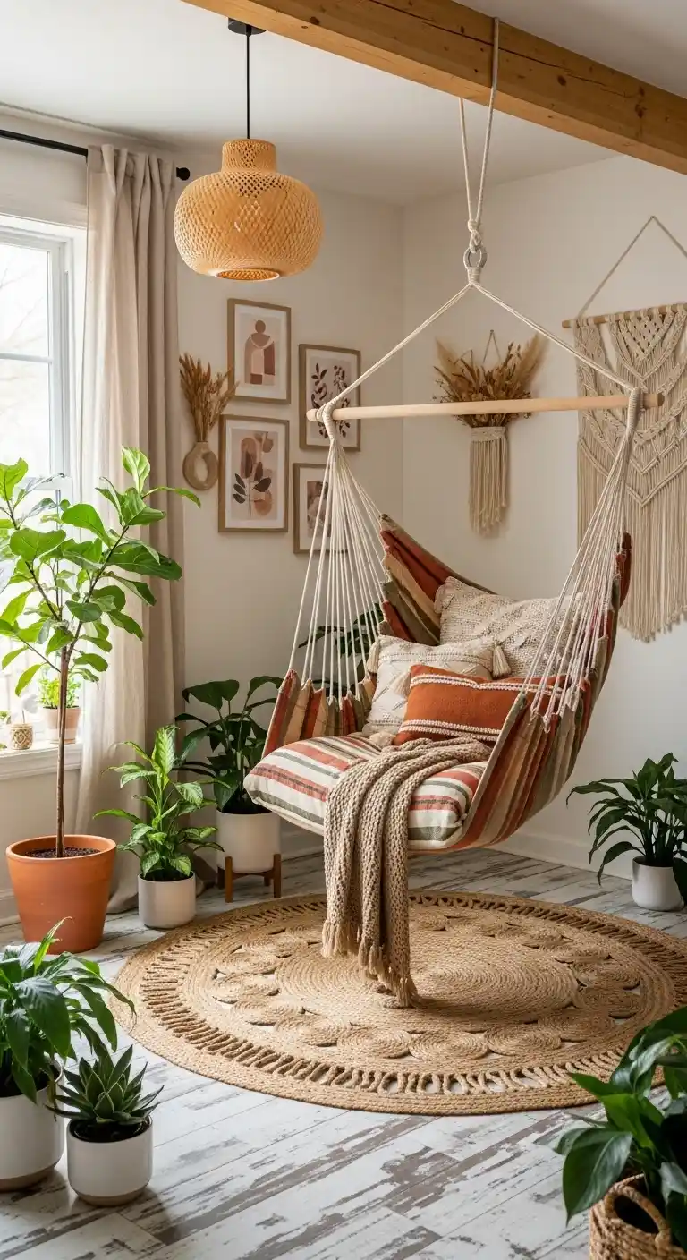 19 Cozy Boho Living Room Hammock Ideas for Relaxation 18 17. Hammock in Neutral Earthy Palette