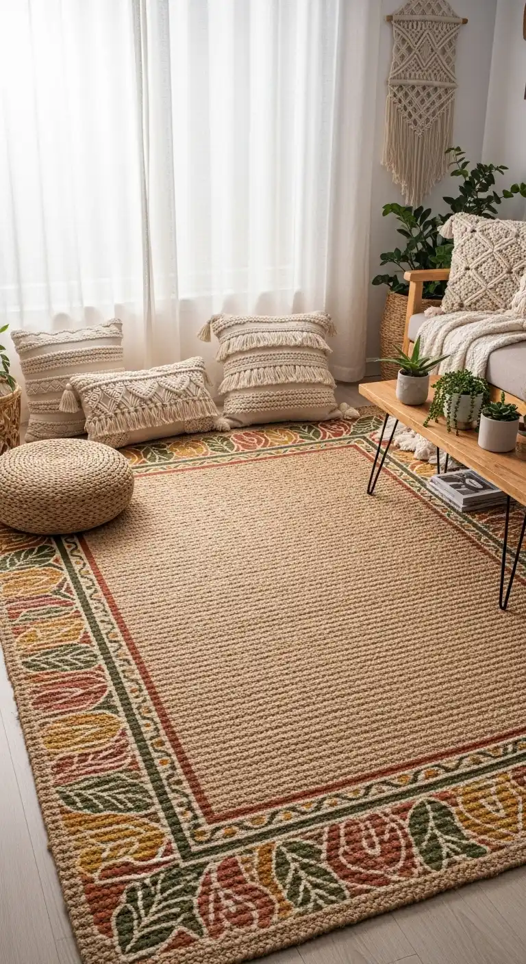 21 Best Boho Living Room Jute Rugs for a Natural Look 18 17. Hand-Painted Border Jute Rug