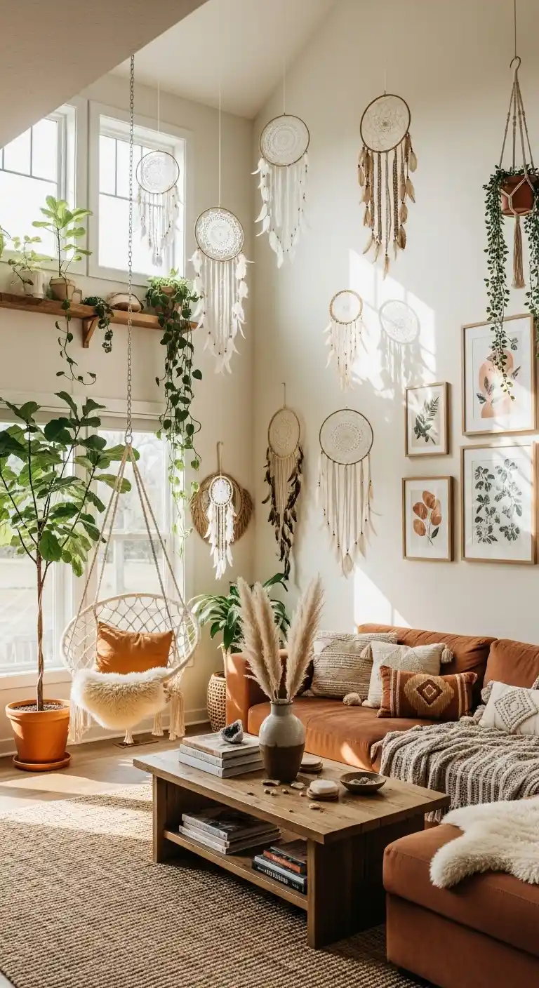 21 Creative Boho Living Room High Ceiling Ideas to Elevate Your Space 18 17. Hang Decorative Dreamcatchers from the Ceiling