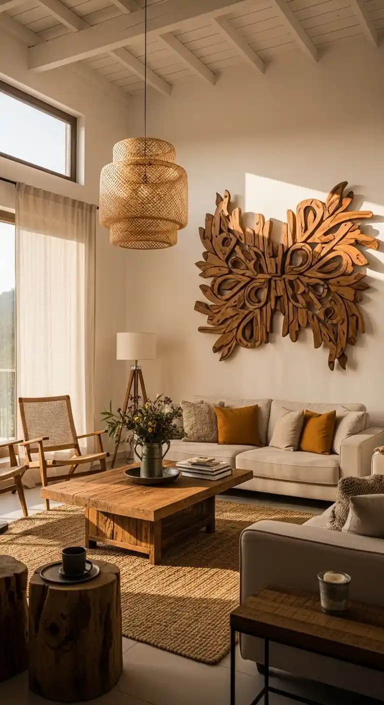 21 Creative Boho Living Room High Ceiling Ideas to Elevate Your Space 19 18. Add Sculptural Wooden Wall Art