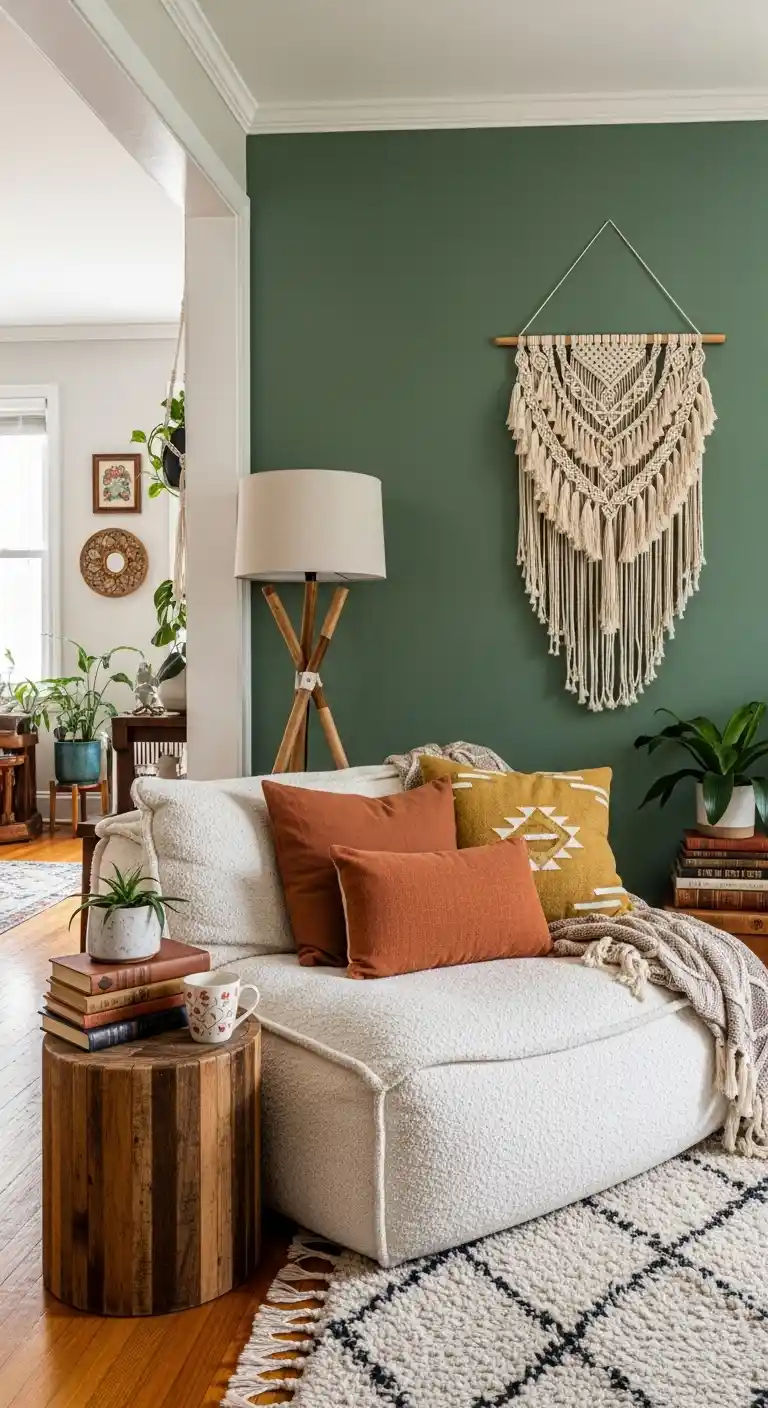 19 Stunning Boho Living Room Green Accent Wall Inspirations 20 18. Create a Reading Nook Beside the Green Wall