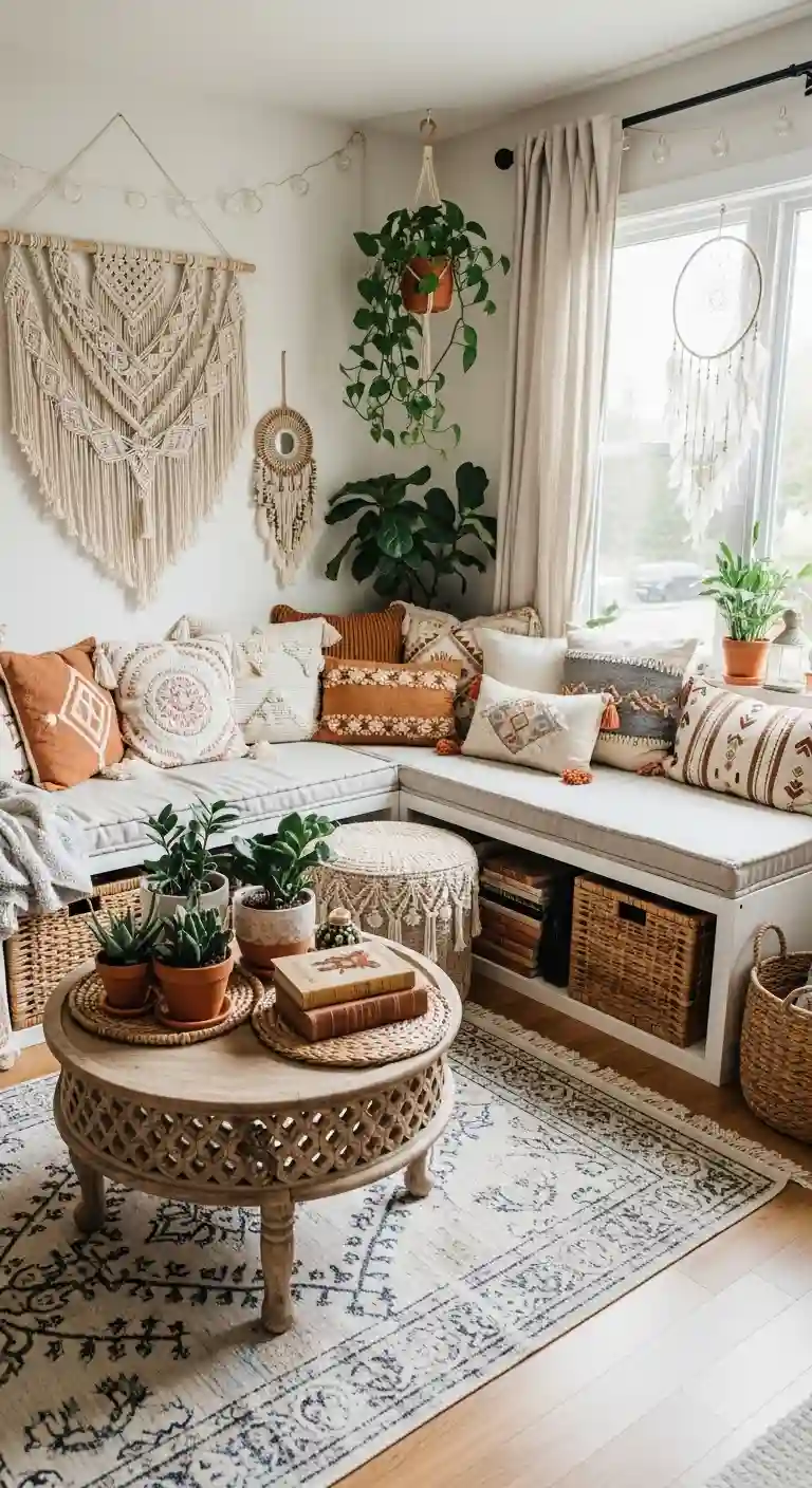 23 Comfy Boho Living Room Floor Seating Ideas for a Relaxed Space 20 18. Cushioned Corner Benches