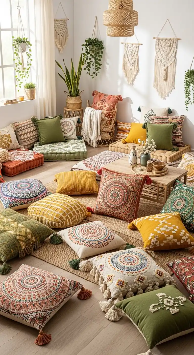 21 Cozy & Stylish Boho Living Room Pillows to Elevate Your Space 19 18. Display Floor Pillows in Corners