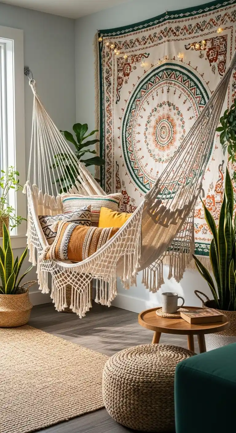 19 Cozy Boho Living Room Hammock Ideas for Relaxation 19 18. Hammock with Boho Tapestry Backdrop