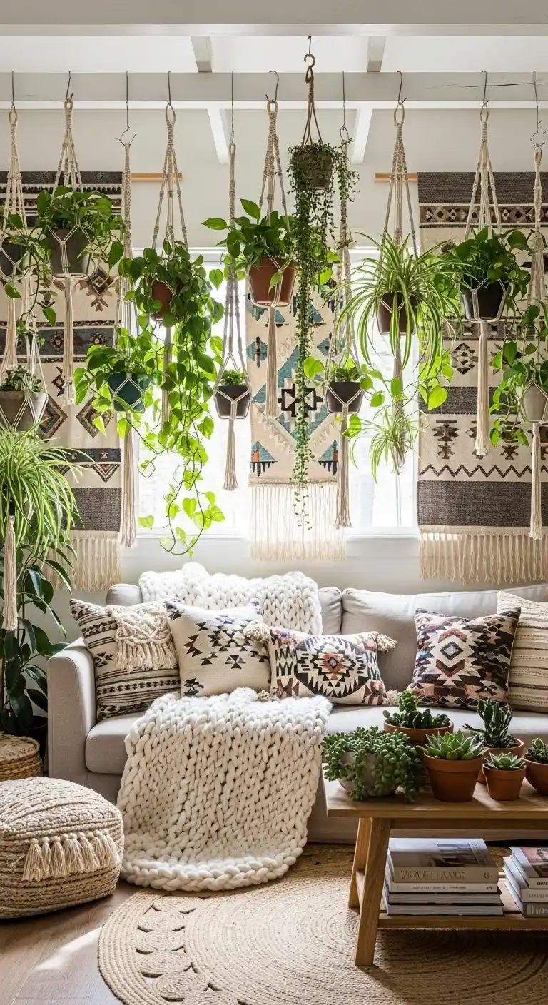 19 Best Ways to Style Boho Living Room Hanging Plants 19 18. Mix Hanging Plants with Textiles