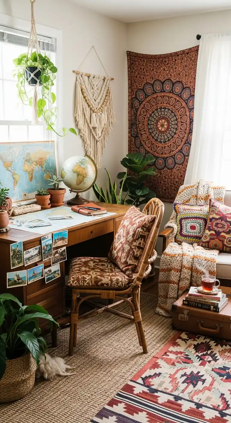 19 Stylish Boho Living Room Office Combo Setups 19 18. The Travel-Inspired Setup