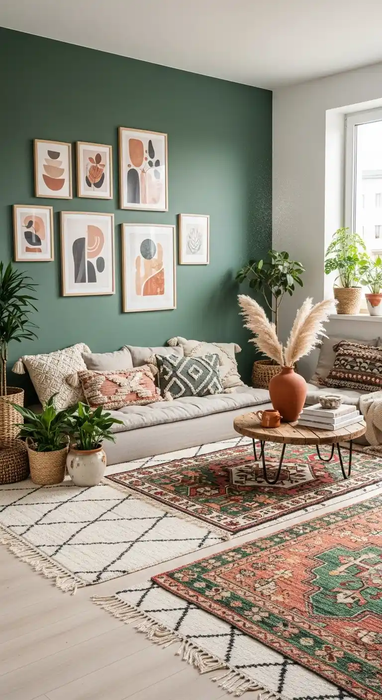 19 Stunning Boho Living Room Green Accent Wall Inspirations 21 19. Combine Green Accent Wall with Patterned Rugs