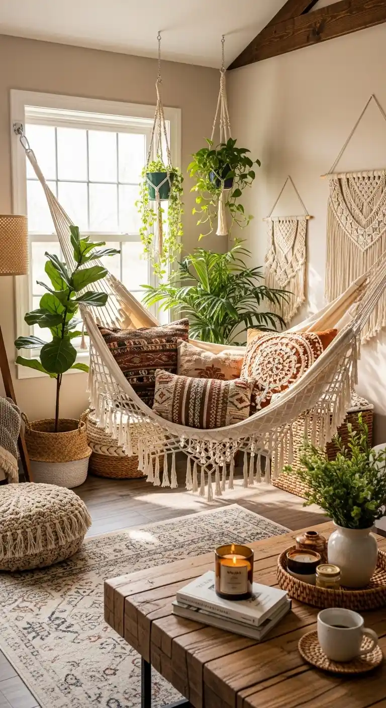 19 Cozy Boho Living Room Hammock Ideas for Relaxation 20 19. Outdoor-Style Indoor Hammock