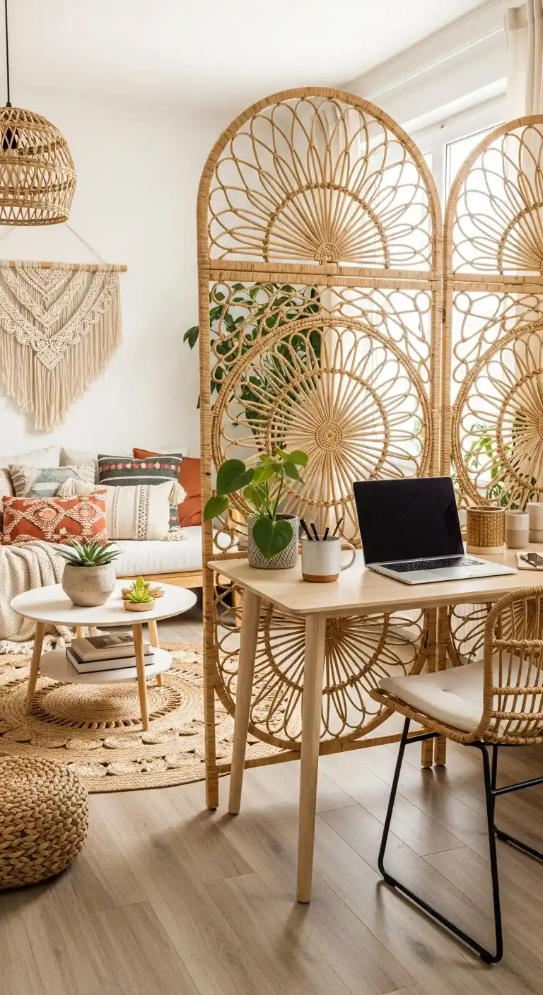 19 Stylish Boho Living Room Office Combo Setups 20 19. Wicker Divider Workspace