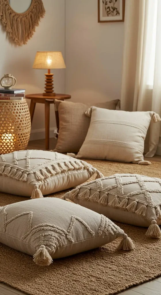 6 Cozy & Stylish Boho Living Room Pillows to Elevate Your Space 2 2. Add Texture Using Fringe, Tassels, and Macramé