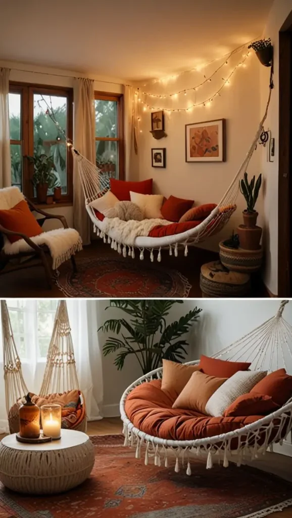19 Cozy Boho Living Room Hammock Ideas for Relaxation 3 2. Corner Nook Hammock
