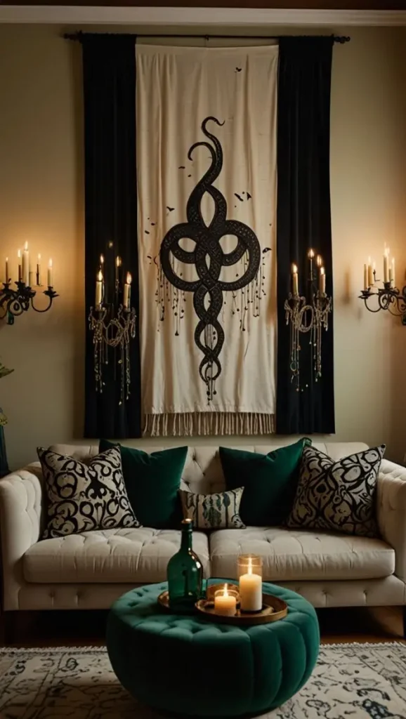 34 Stunning Boho Living Room Halloween Ideas to Transform Your Space 2 2. Drape Macramé with Cobweb Elegance