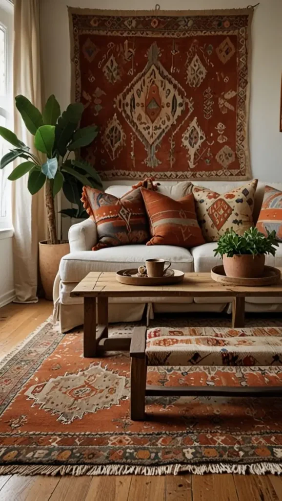 37 Boho Living Room Earthy Tones Ideas to Create Cozy Natural Vibes 2 2. Layer Rugs to Introduce Earthy Textures