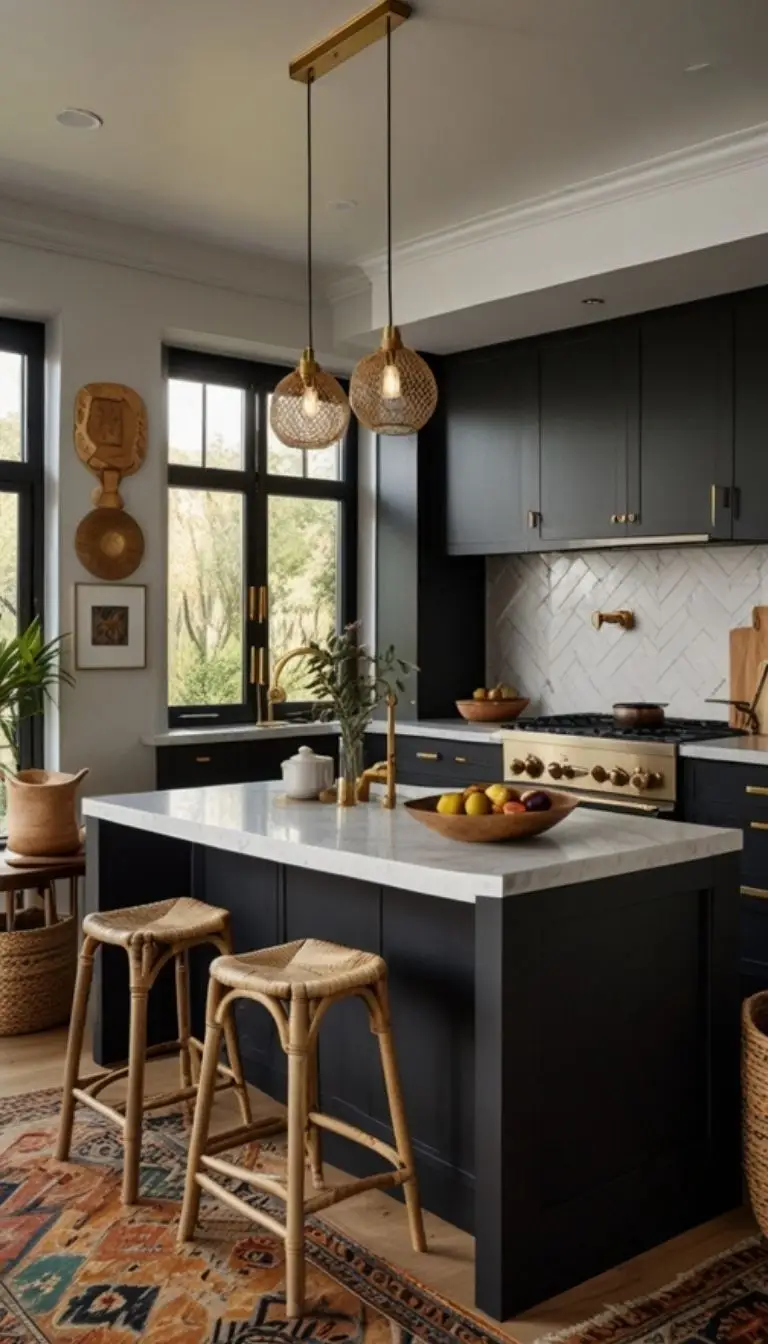 35 Boho Kitchen Black Cabinet Ideas to Elevate Your Space 4 2. Matte Black Meets Metallic Hardware