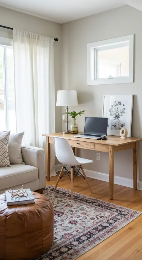 19 Stylish Boho Living Room Office Combo Setups 3 2. Minimalist Meets Boho