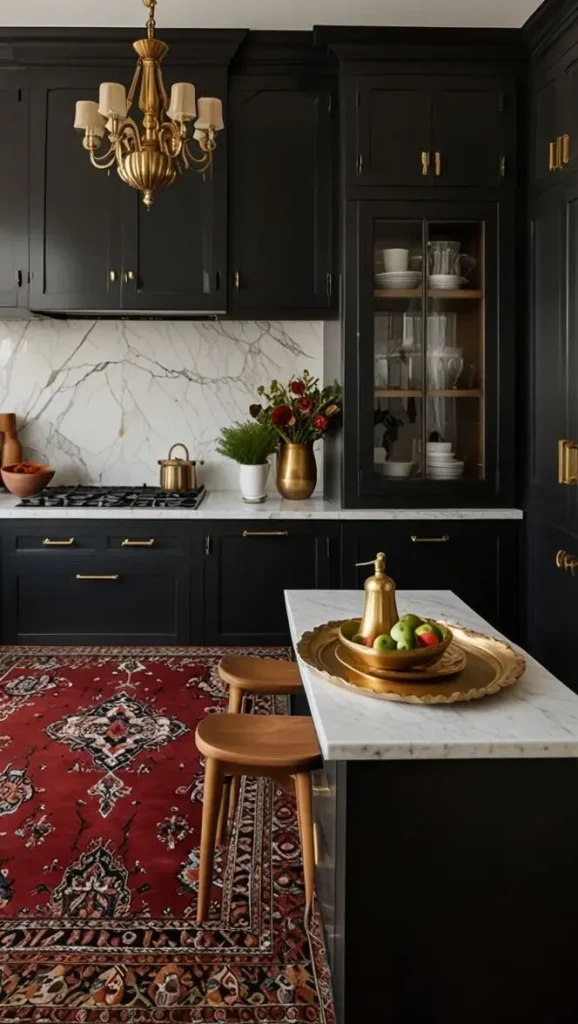 32 Stunning Boho Kitchen Goth Ideas for Dramatic Style 4 2. Rich, Patterned Rugs