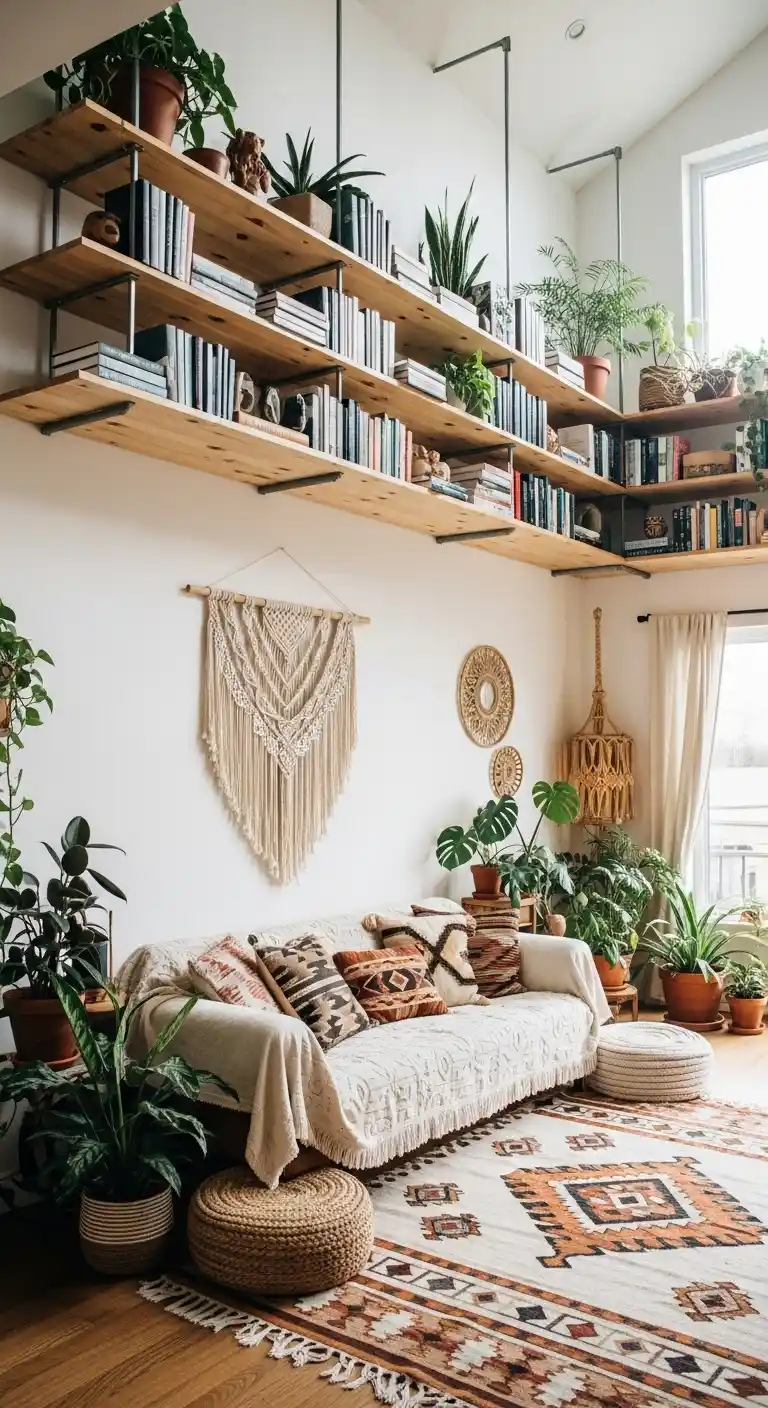 21 Creative Boho Living Room High Ceiling Ideas to Elevate Your Space 21 20. Install Floating Book Shelves Near the Ceiling
