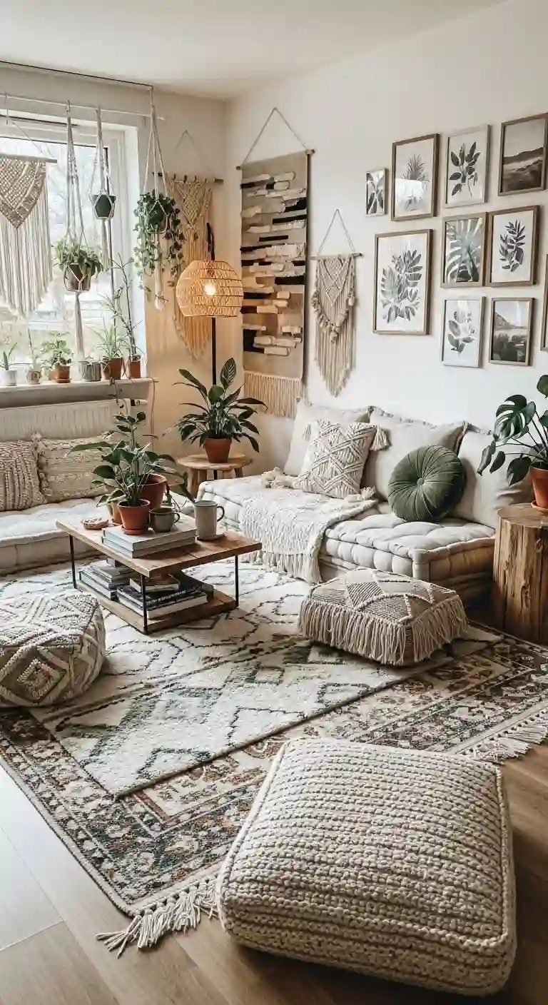 23 Comfy Boho Living Room Floor Seating Ideas for a Relaxed Space 22 20. Multi-Layer Rug Lounge