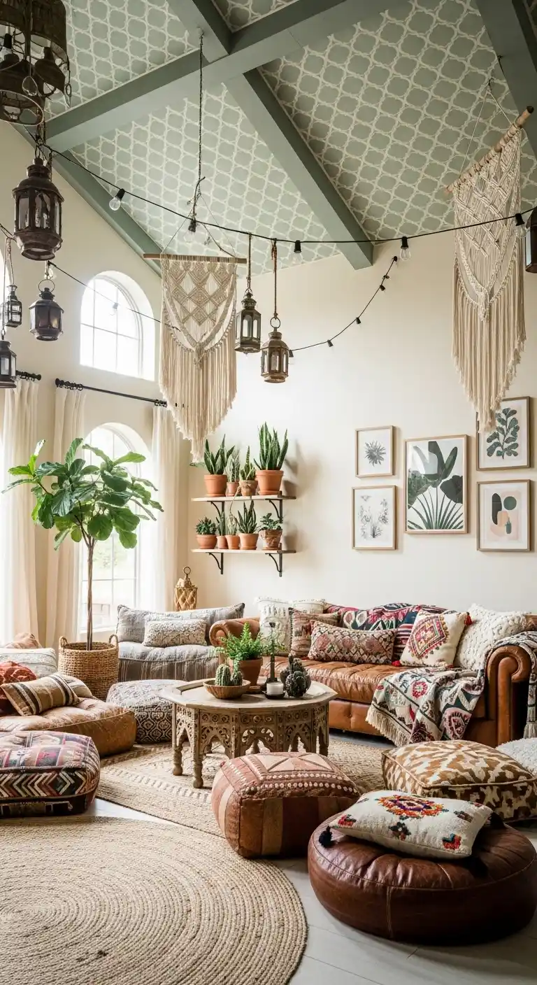 21 Creative Boho Living Room High Ceiling Ideas to Elevate Your Space 22 21. Paint the Ceiling with a Subtle Pattern or Color