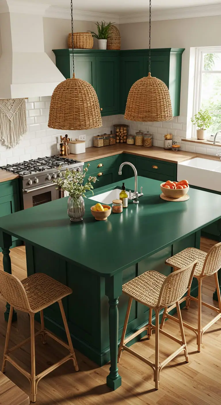 21 Stunning Emerald Green Boho Kitchen Inspirations 5 3. Emerald Green and Rattan Combo