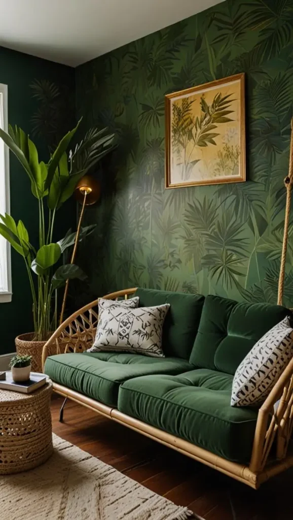 19 Stunning Boho Living Room Green Accent Wall Inspirations 5 3. Go Tropical with a Forest Green Boho Living Room Green Accent Wall