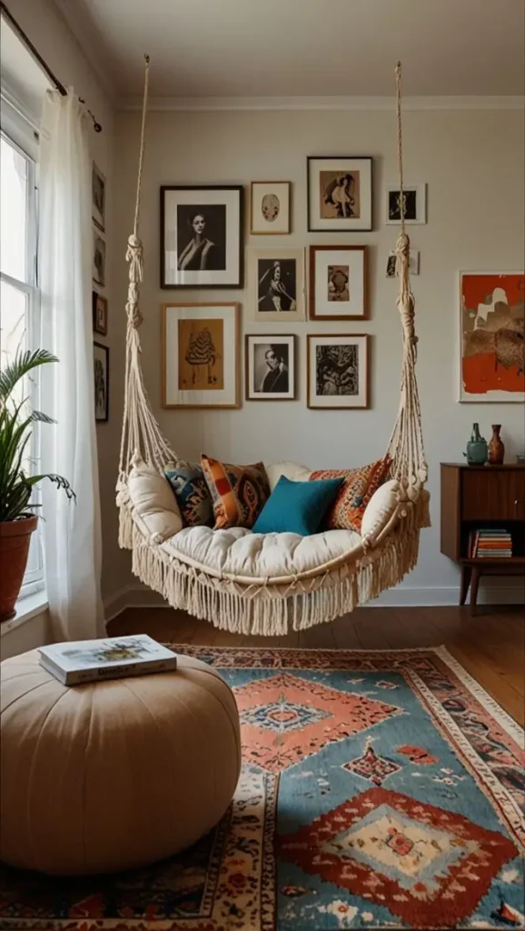 19 Cozy Boho Living Room Hammock Ideas for Relaxation 4 3. Hammock Swing in the Center