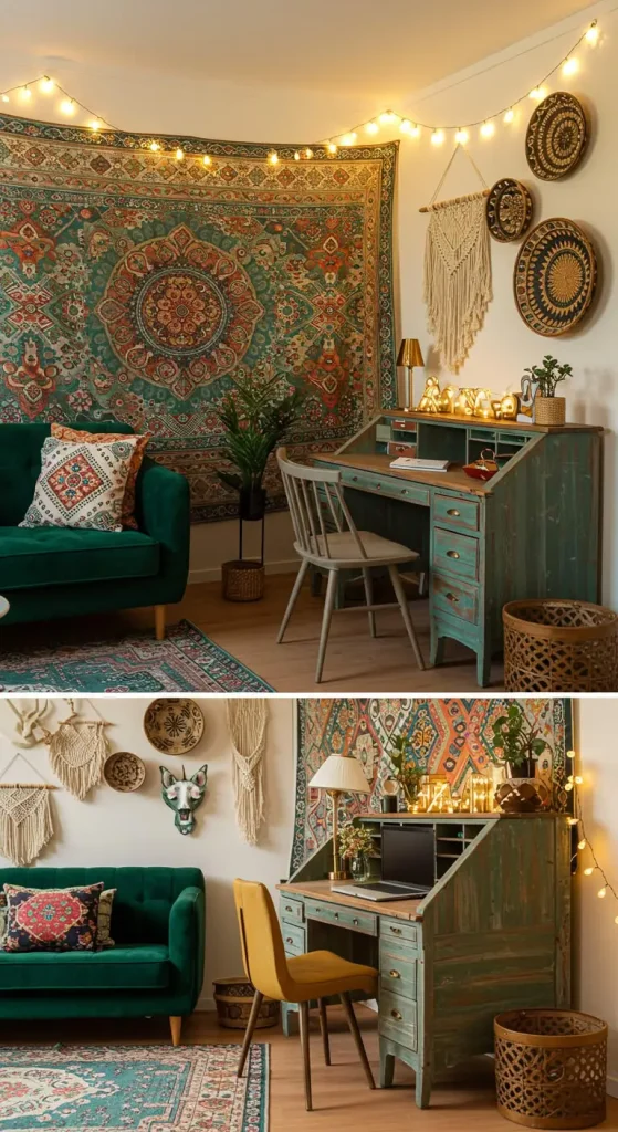 19 Stylish Boho Living Room Office Combo Setups 4 3. Layered Textures and Patterns