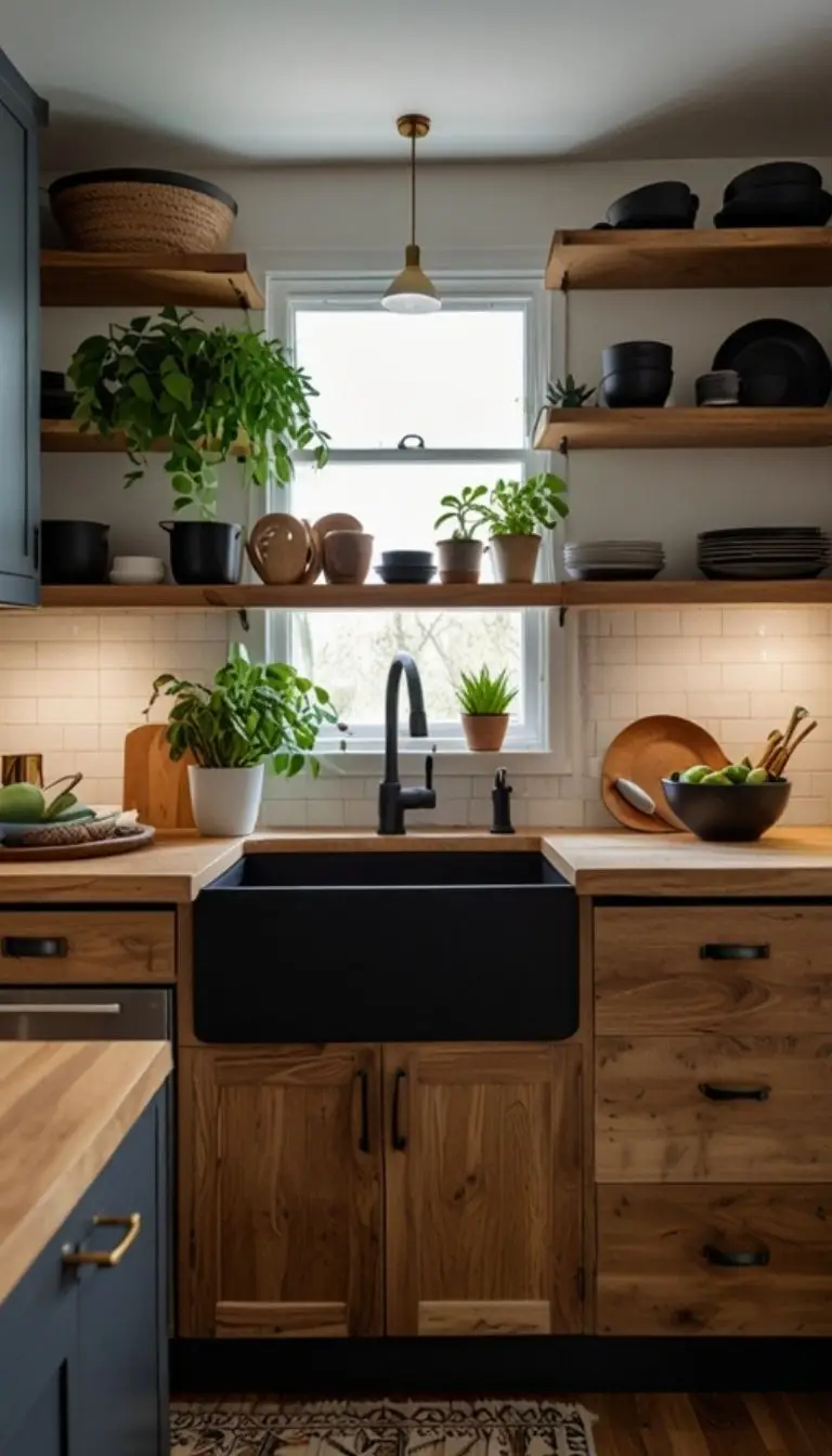 19 Stunning Boho Kitchen Black Decor Ideas for a Stylish Home 5 3. Open Shelving With Black Décor