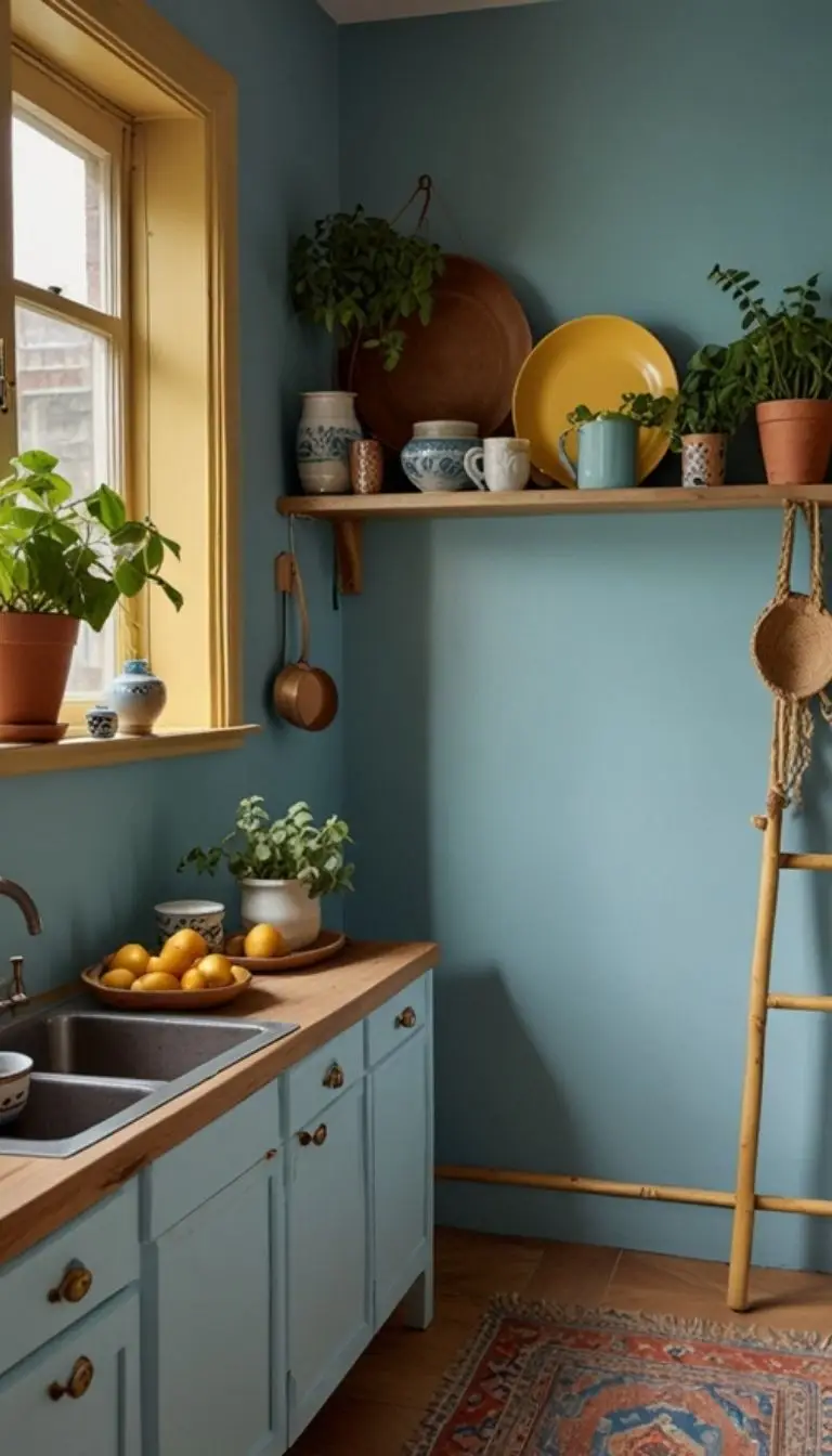 32 Boho Kitchen Blue Color Schemes for a Chic, Vibrant Look 5 3. Sky Blue Walls with Eclectic Textures