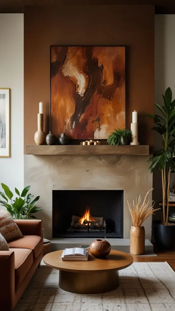 34 Stunning Boho Living Room Fireplace Decor Ideas to Inspire 4 3. Statement Art Above the Fireplace