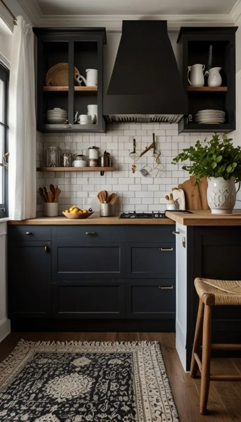 35 Boho Kitchen Black Cabinet Ideas to Elevate Your Space 5 3. Two-Toned Black Cabinets