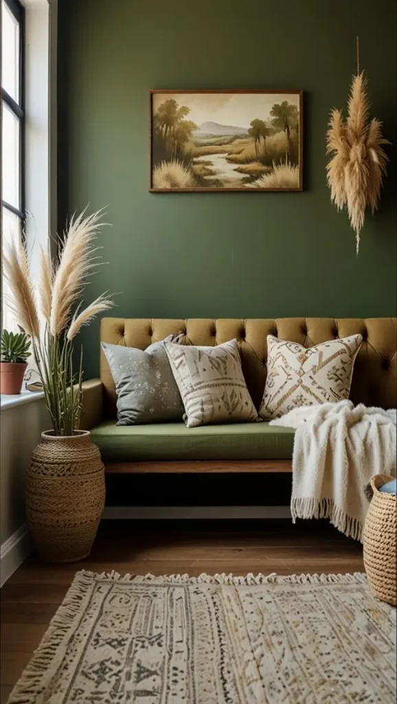 19 Stunning Boho Living Room Green Accent Wall Inspirations 6 4. Add Drama with a Two-Tone Green Boho Living Room Green Accent Wall