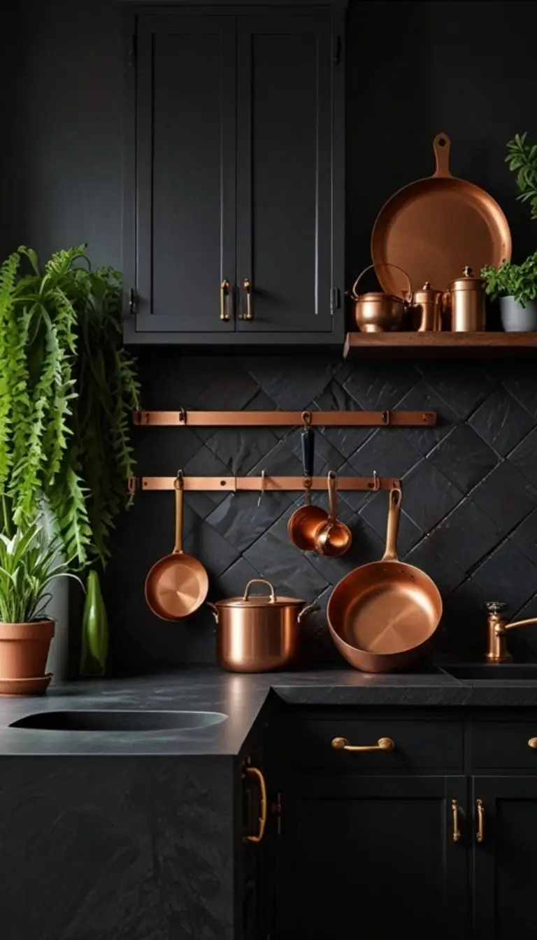 35 Boho Kitchen Black Cabinet Ideas to Elevate Your Space 6 4. Black Cabinets with Textured Backdrops