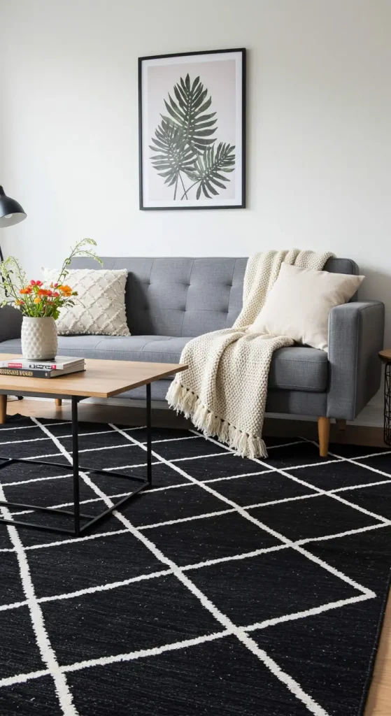 Chic Boho Living Room Rug Ideas for a Grey Couch – 35 Inspiring Looks 5 4. Bold Geometric Patterns