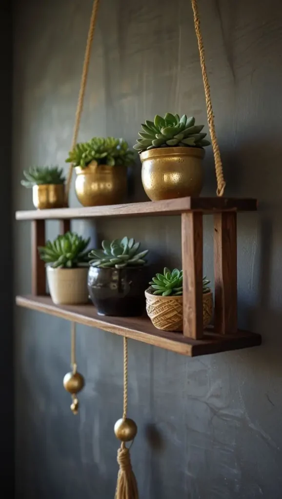 19 Best Ways to Style Boho Living Room Hanging Plants 5 4. Mix Planters with Floating Shelves