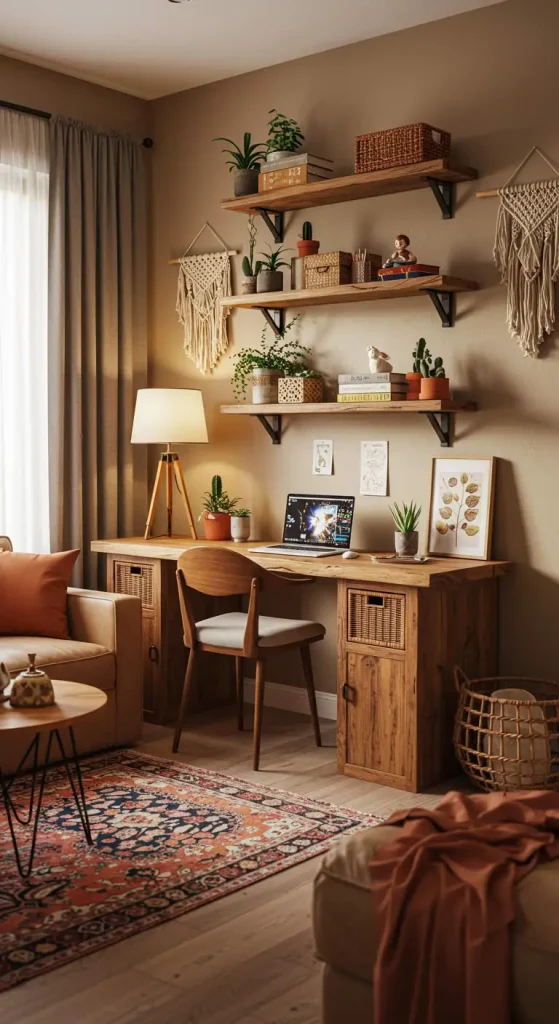 19 Stylish Boho Living Room Office Combo Setups 5 4. Open Shelving Elegance