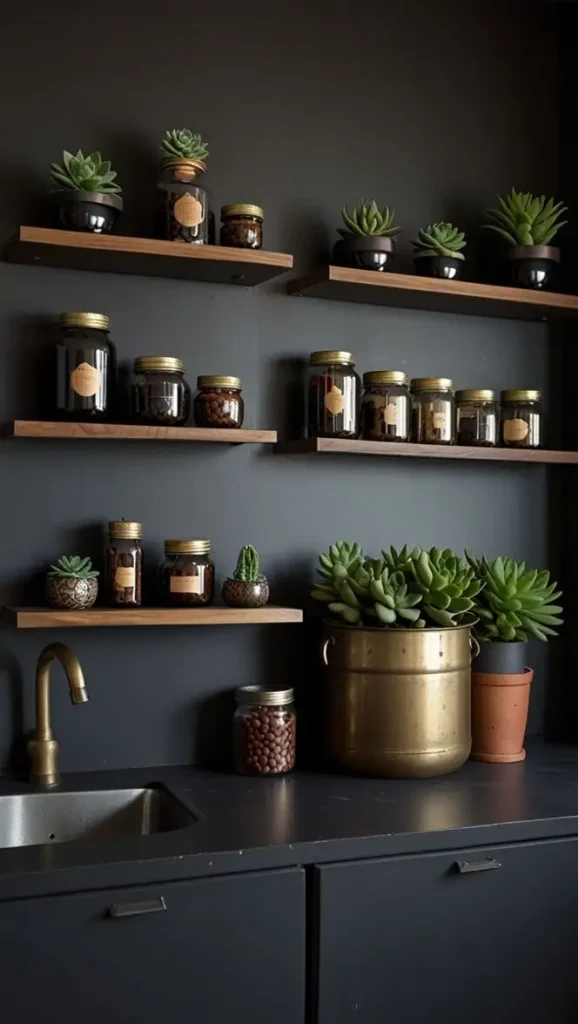 32 Stunning Boho Kitchen Goth Ideas for Dramatic Style 6 4. Open Shelving with Dark Flair