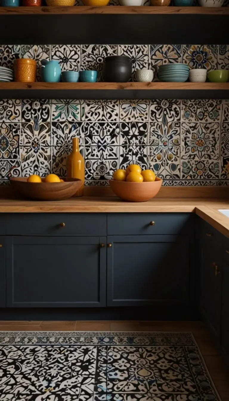 19 Stunning Boho Kitchen Black Decor Ideas for a Stylish Home 6 4. Pattern-Packed Tiles and Backsplashes