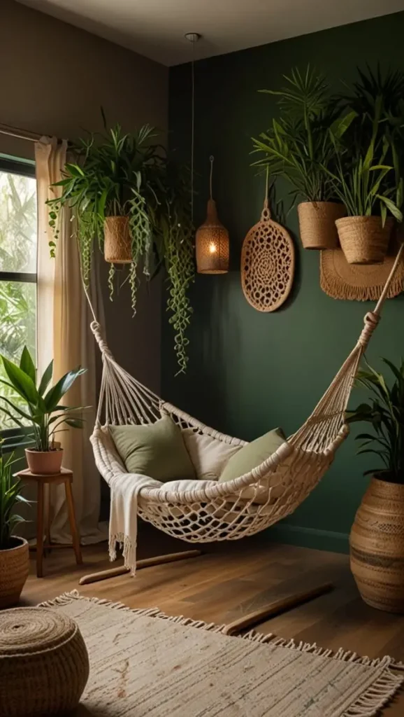 19 Cozy Boho Living Room Hammock Ideas for Relaxation 5 4. Plants and a Hammock Combo