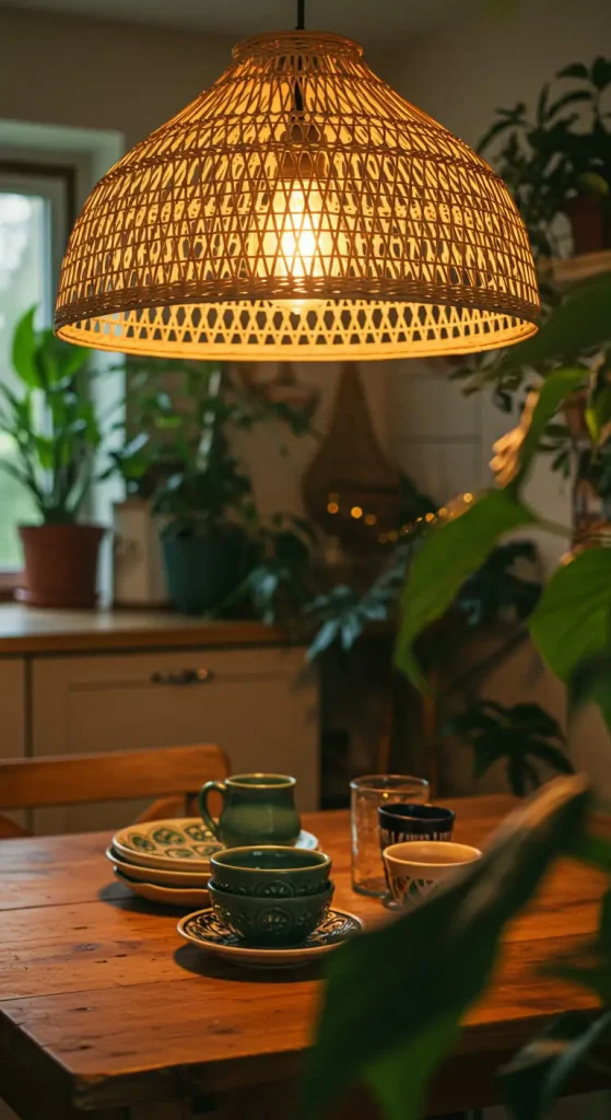 19 Stunning Boho Kitchen DIY Ideas to Transform Your Space 6 4. Upcycled Rattan Light Fixture