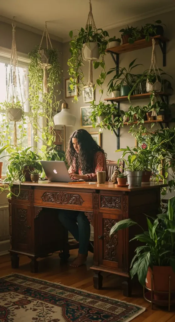 19 Stylish Boho Living Room Office Combo Setups 6 5. Add Drama with Bold Furniture