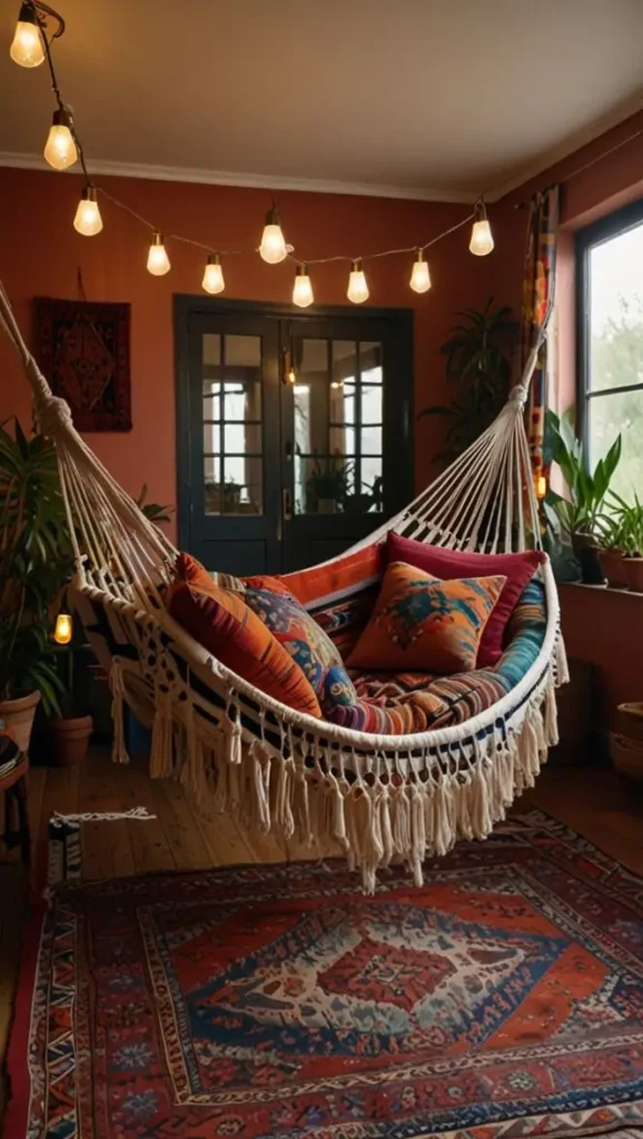 19 Cozy Boho Living Room Hammock Ideas for Relaxation 6 5. Hammock and String Light Combo