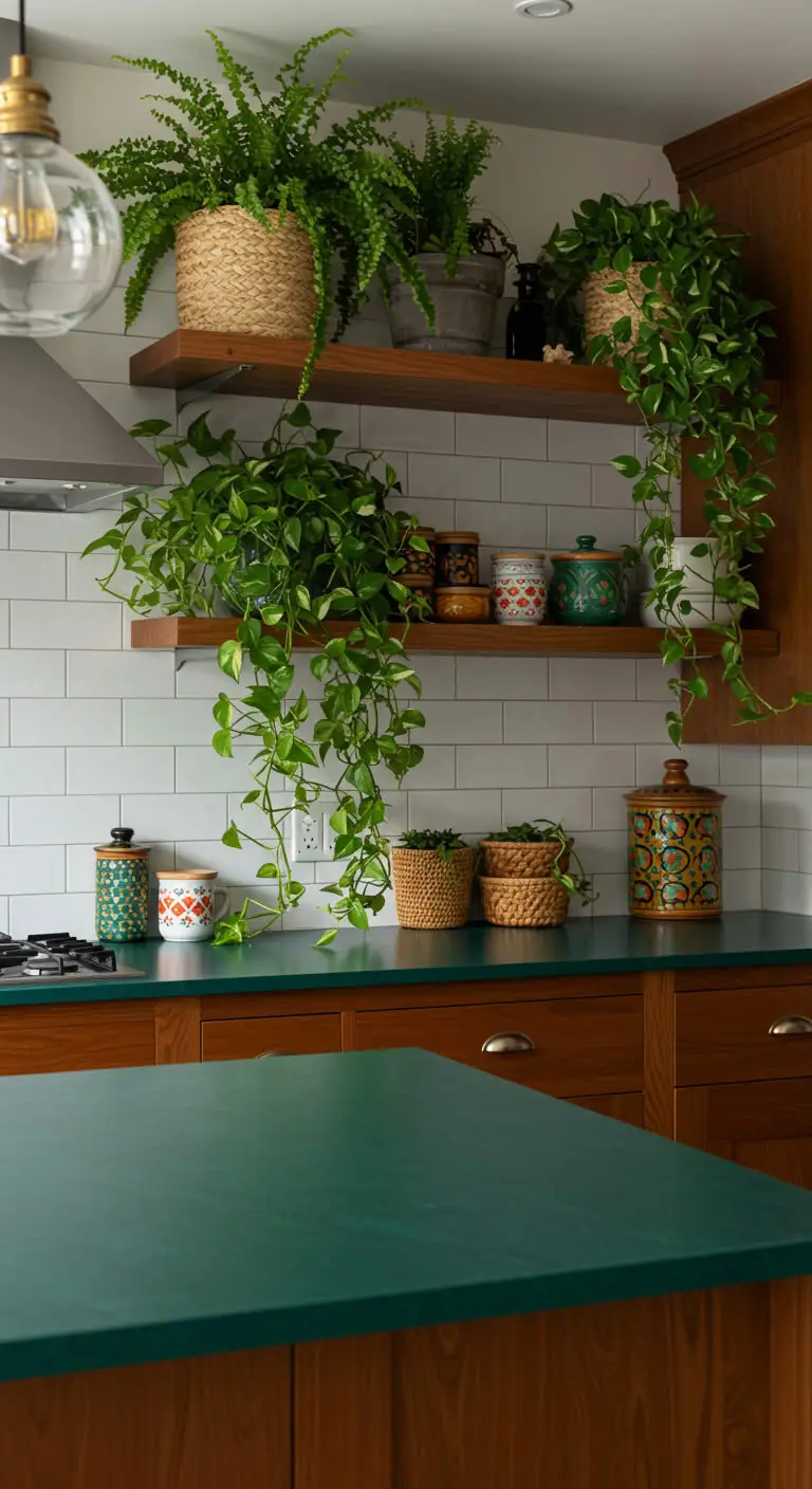 21 Stunning Emerald Green Boho Kitchen Inspirations 7 5. Indoor Jungle Vibes